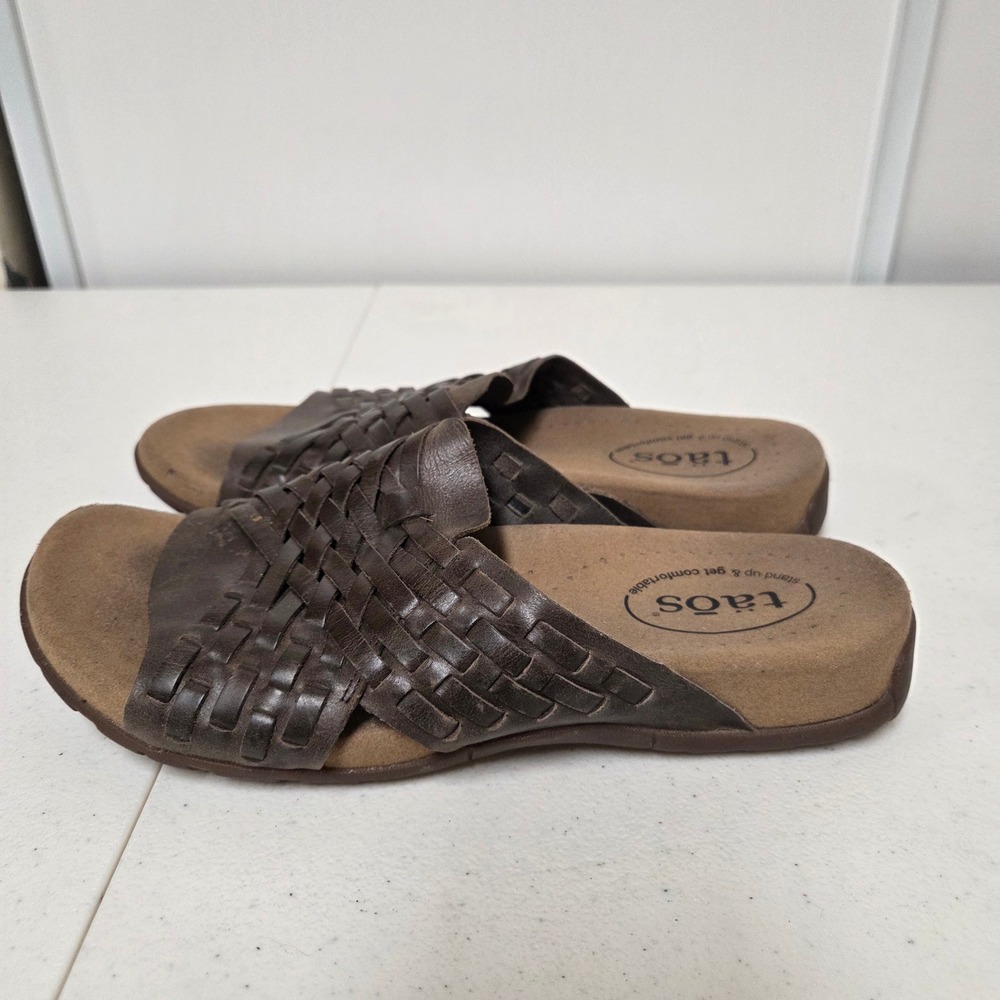 Taos Women 8 Brown Woven Leather Slide Sandals Comfort Footbed Slip On Shoes